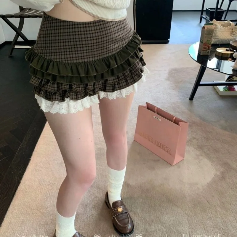 

Y2k винтажные кружевные юбки с высокой талией и бантом Y2k Harajuku готическая винтажная женская клетчатая юбка модная милая Лолита Faldas Mujer
