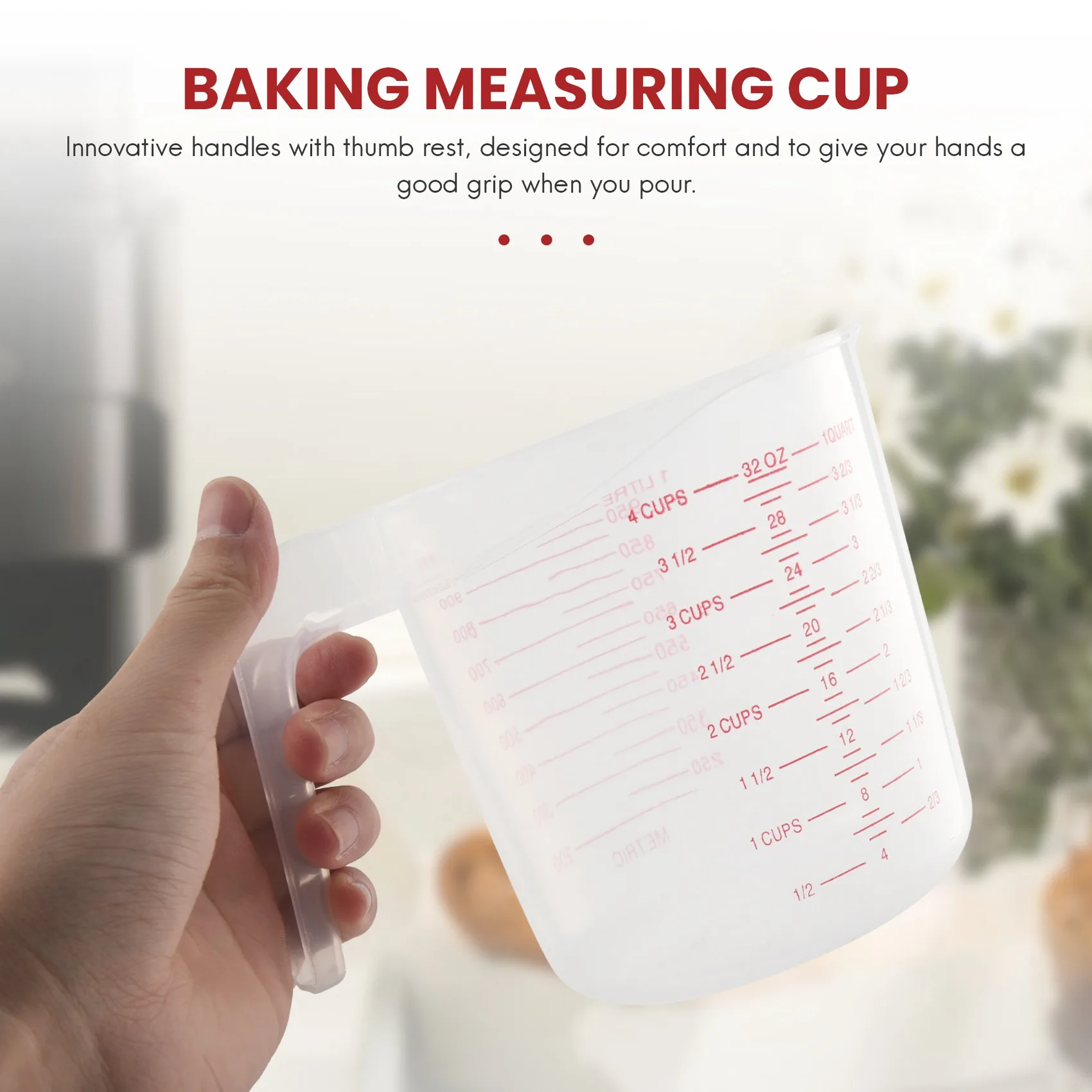 A27F-3Pc Plastic Measuring Jug Set Large 4 Cup, 2 Cup And 1 Cup Capacity BPA Free Measuring Beakers With Angled Grip Essential K