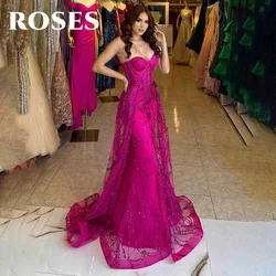 ROSES Fuchsia Evening Dress Sweetheart Trumpet Long Lace Corset Prom Dress with Pleats Sleeveless 프롬드레스 Sequins Party Dress