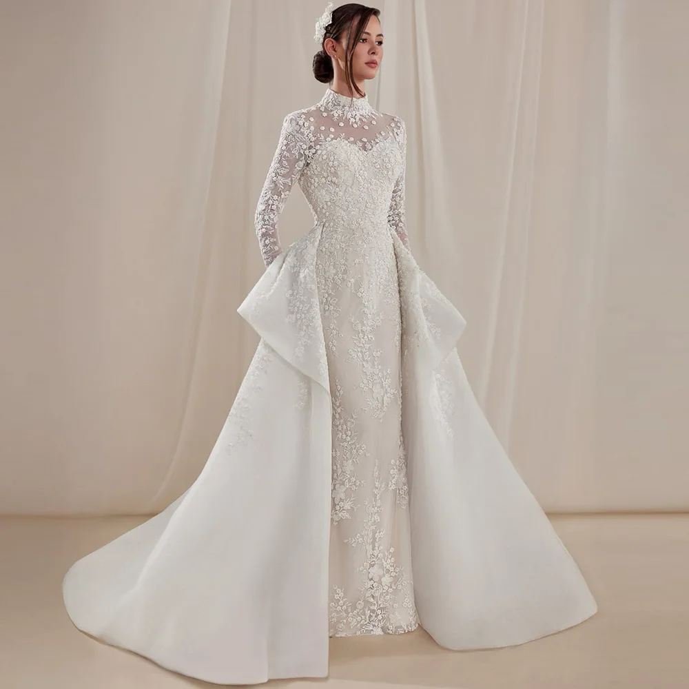 Modern High Collar Straight Vestido De Novia Luxury Applique Ruched Customized Wedding Dress Simple Zipper Back Robe de mariée
