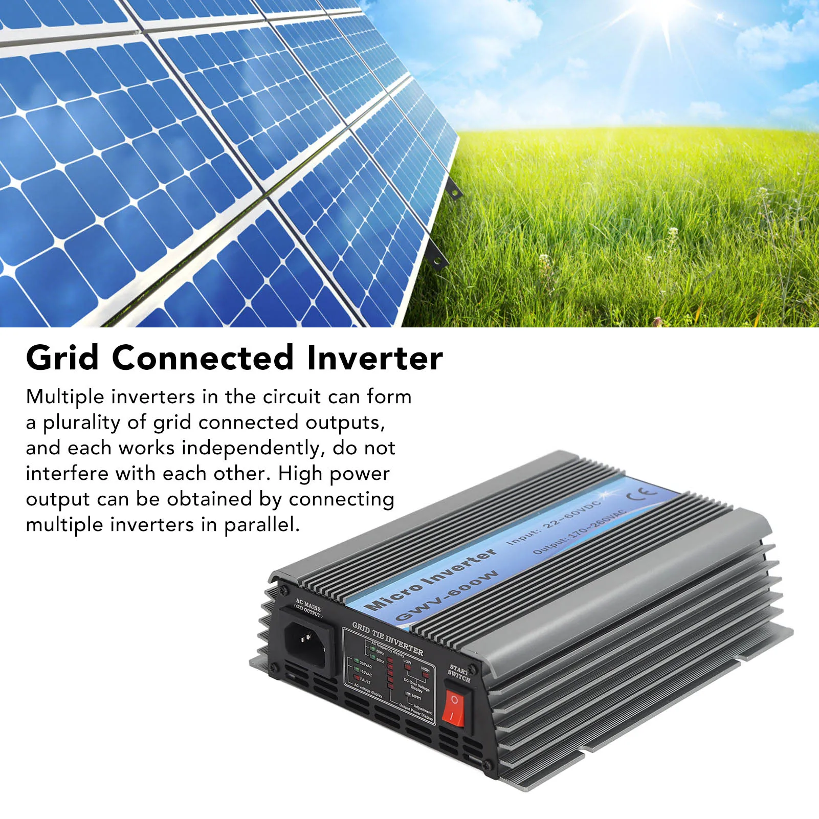 

Grid Connected Inverter Solar Inverter 600W 22 to 60VDC Aluminum Alloy Cooling Fan Multiple Grid Connected Inverter