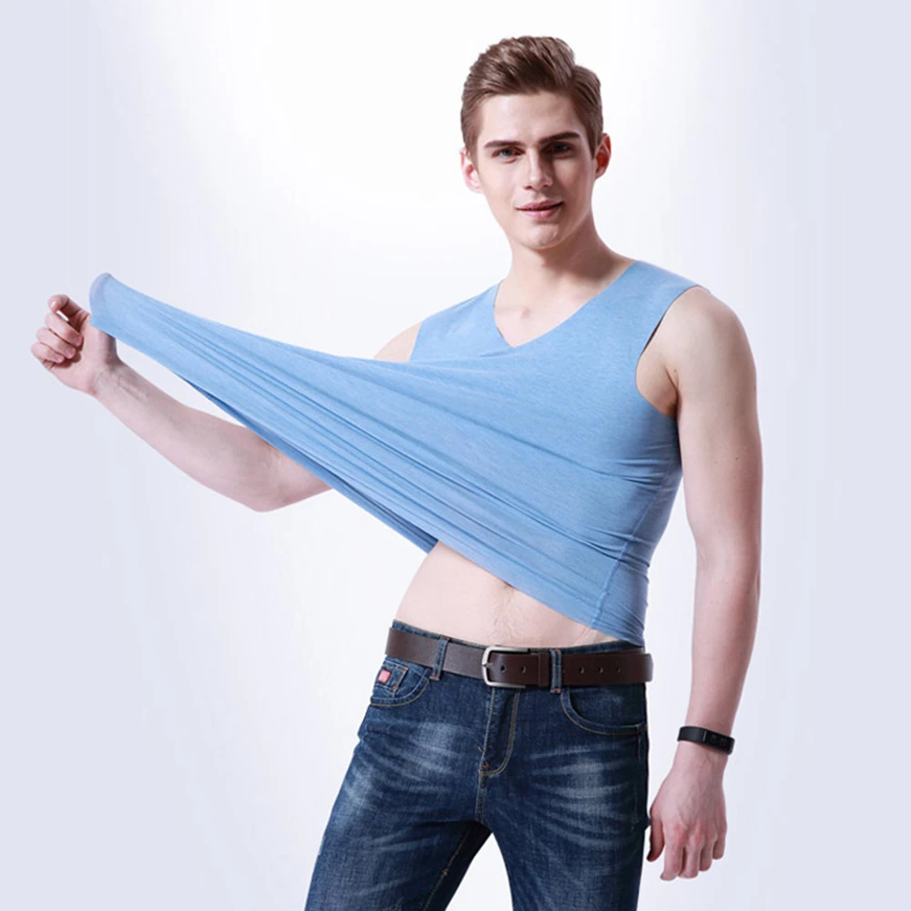 Summer Men\'s Casual Tank Tops Seamless Breathable Ice Silk T-Shirt Vest Men Sports Undershirt Solid Color Sleeveless V-neck Tees