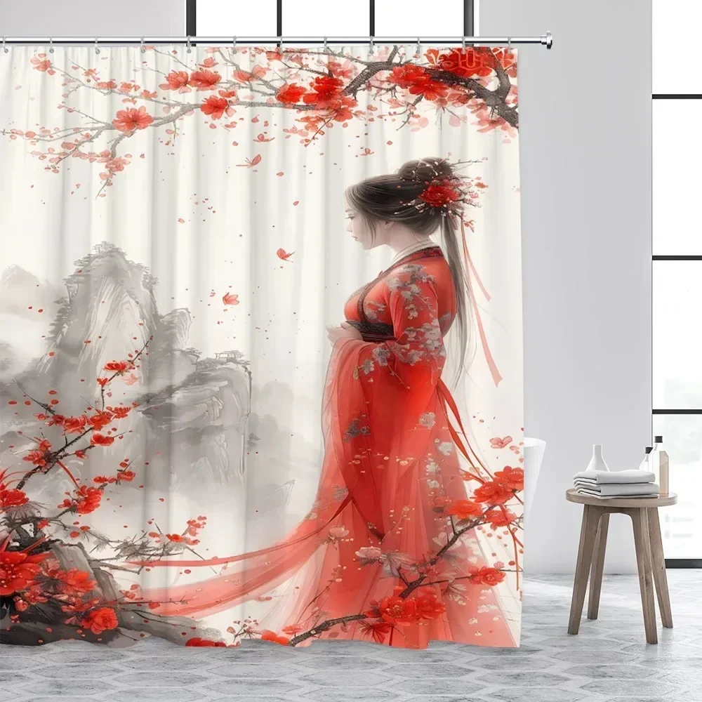 

Digital printing Ink Landscape Shower Curtain Sea Waves Crane Koi Fish Mountain Waterfall Plant Floral Bathroom Curtains