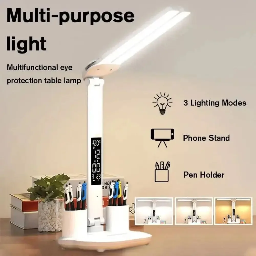 Multifunction 3 Color LED Table Lamp 2 Headed Folding With Fan Clock Desk Lamp USB Charging Bedside Reading Night Light