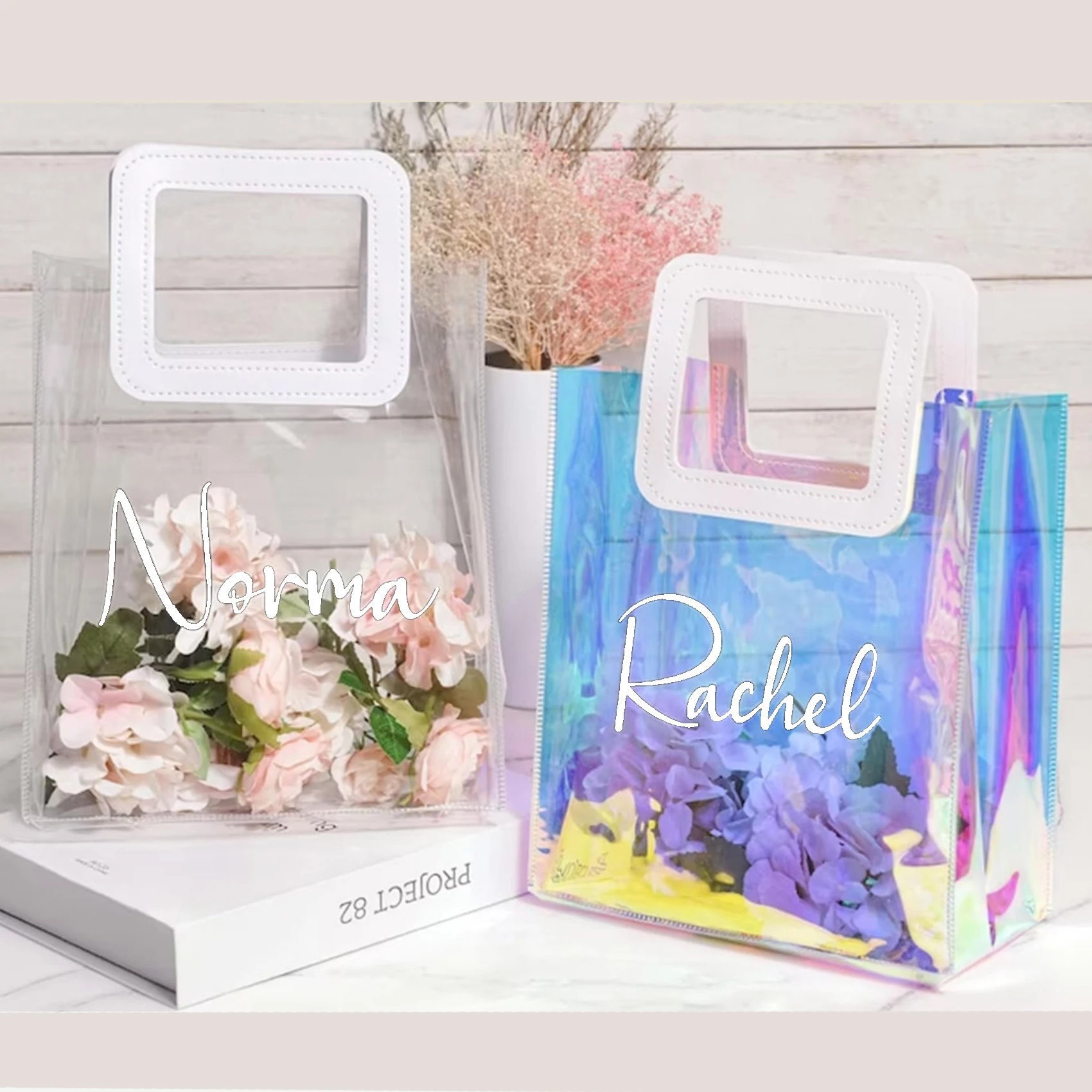 Personalized Holographic Bridesmaid Tote, Iridescent Bachelorette Party Gift Bag, Waterproof Colorful Beach Tote Bag, Bridal Sho