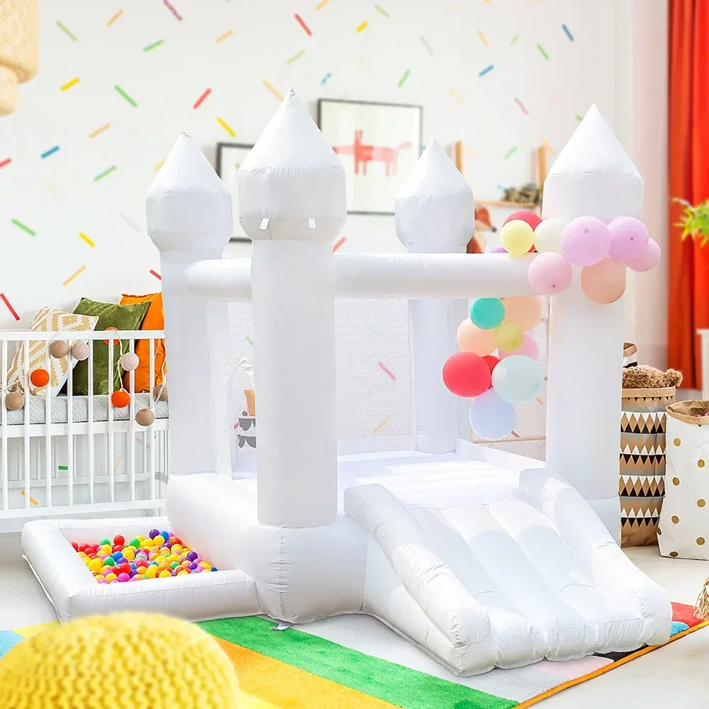 White inflatable children castle with slide and ball pool trampoline with hair dryer wedding party decoration