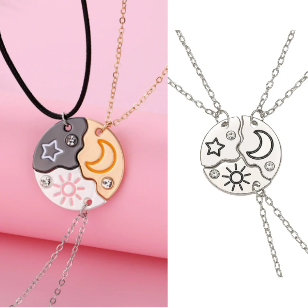  ﻿ 3 Pieces New Round Sun Star Moon Pendant Necklace Zircon Best Friend Friendship Stitching BFF Pendant Fashion Jewelry Gift