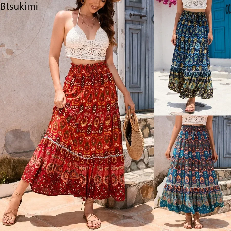 Vacation Style Beach Maxi Skirts Women's Fashion Printed High Waist Big Hem A-line Skirts Boho Vintage Casual Long Skirts Femme