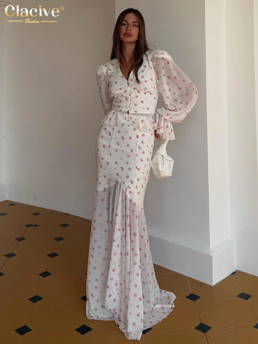 

Clacive Fashion Loose Print 2 Piece Set Women 2025 Elegant Long Sleeve Shirt With High Waist Maxi Skirt Set Female Clothing