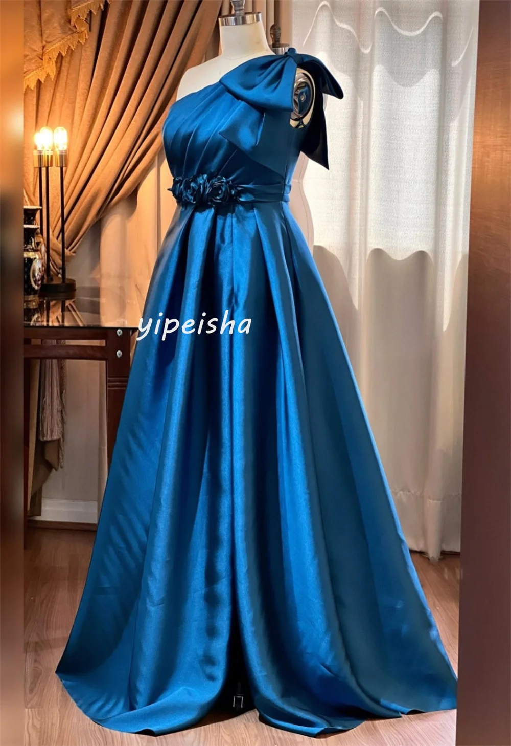 Customized Exquisite Intricate Pleat Flower Bow Draped A-line One-shoulder Long Dresses Evening Dresses Sizes Available High Qua image 3