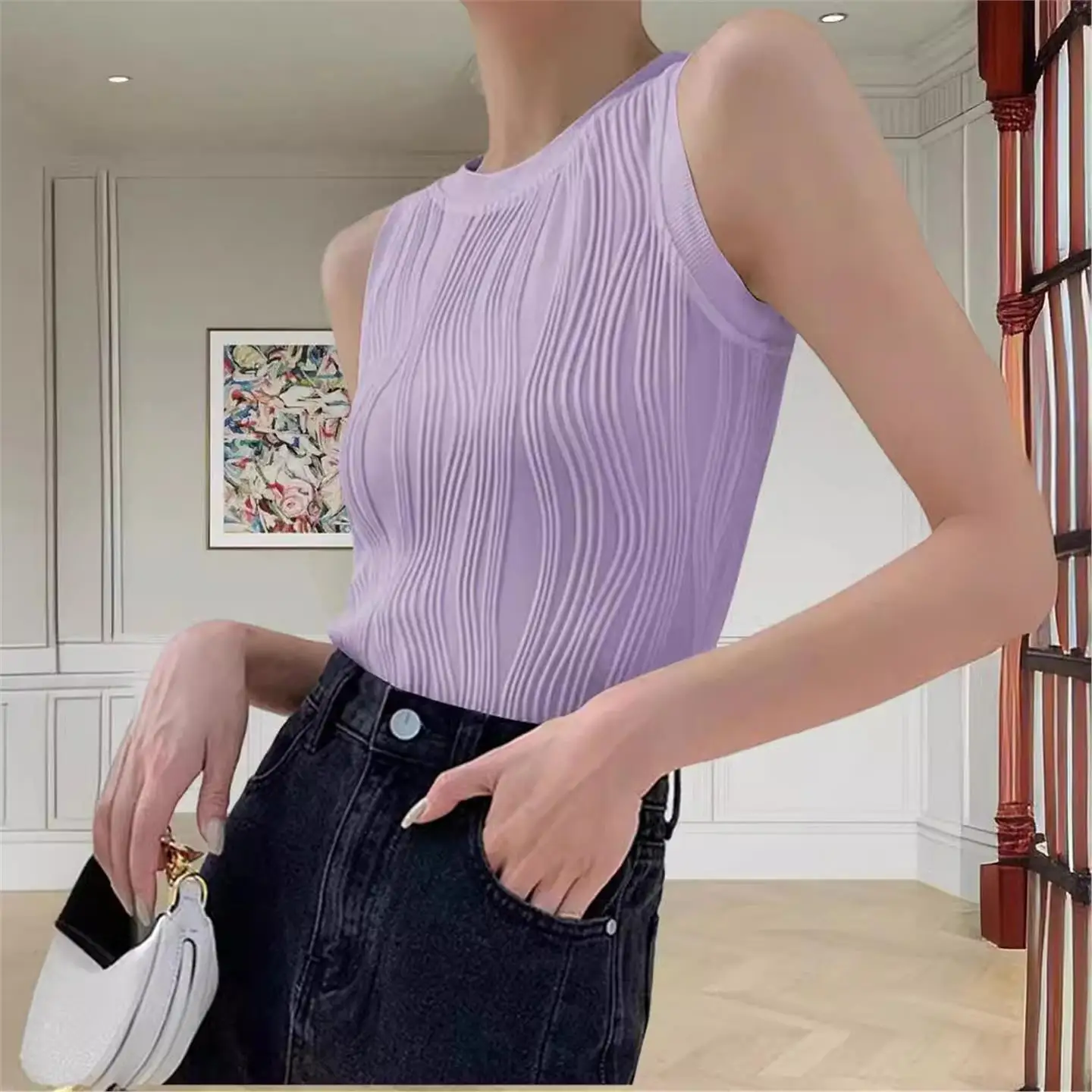 Slimming Effect Shoulder Bared round Neck Vest Fashionable Base Layer Top A-Line Narrow Strap Design City Walk Suitable