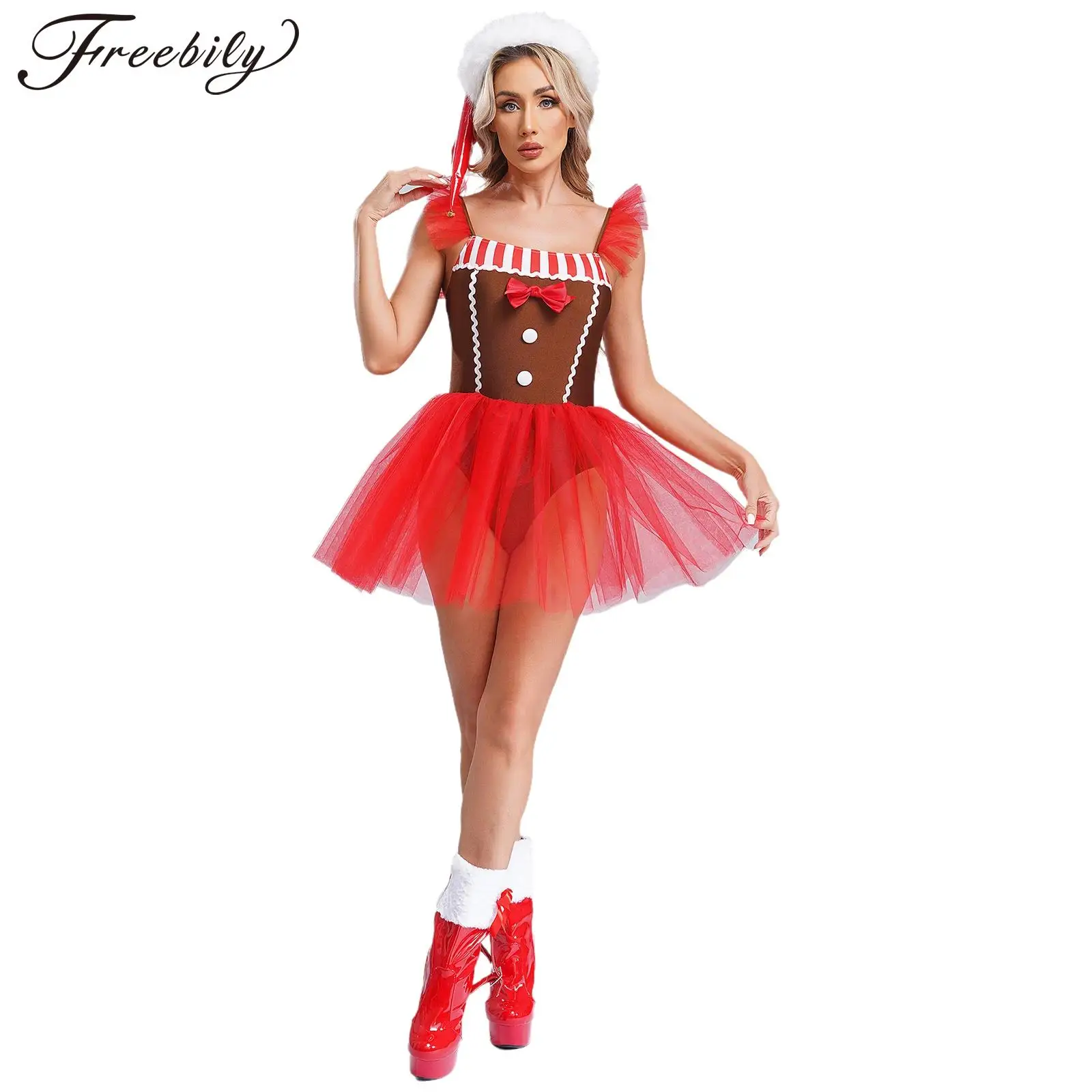 Women Gingerbread Cookie Man Costume Bowknot Striped Mesh Tutu Dress Christmas Dress Cosplay Xmas New Year Role Play Clothes