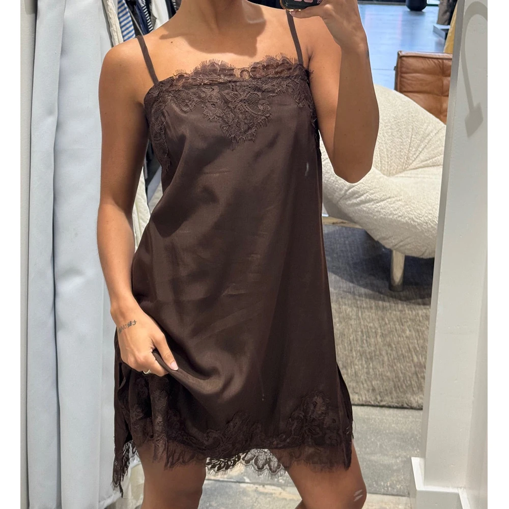 Minivestido Retro bohemio de satén con ribete de encaje para mujer, minivestido Sexy sin mangas con espalda descubierta y tirantes finos para salir de vacaciones, Vestido de playa Sexy