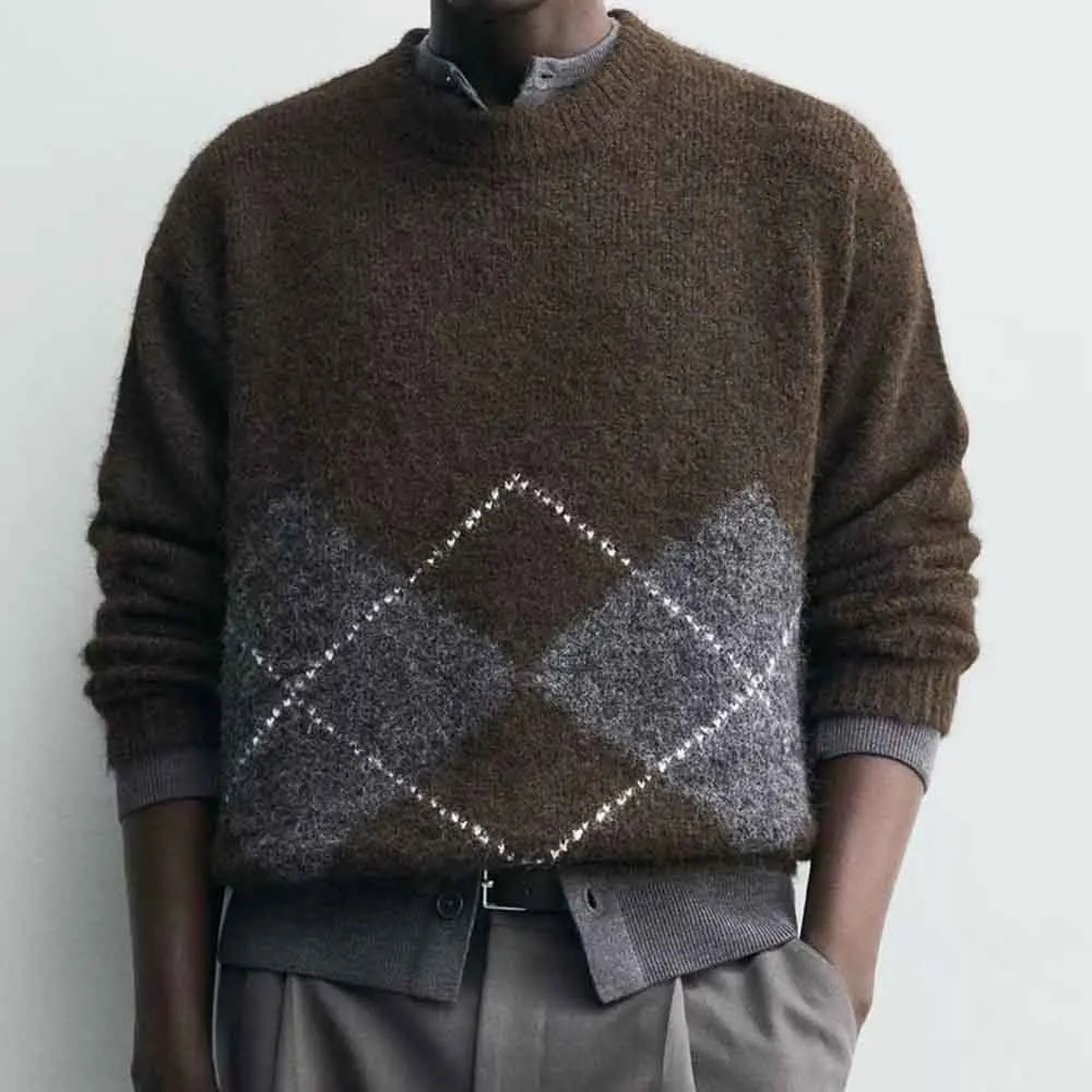 

2025 Winter New Men's Jacquard Knit Long-Sleeve Sweater American Retro Fashion Trendy High Street Loose Casual Niche Men's Top