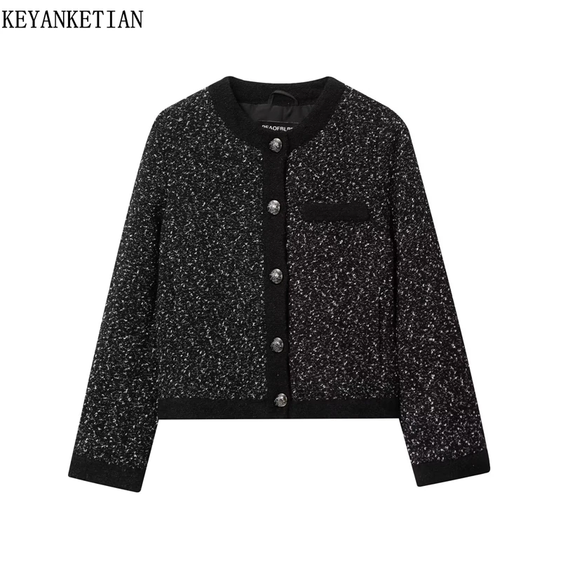 KEYANKETIAN 2025 Winter New Women Tweed Texture Suit Coat Office Lady O-Neck Single Breasted Slim Crop Blazer Stylish Outerwear