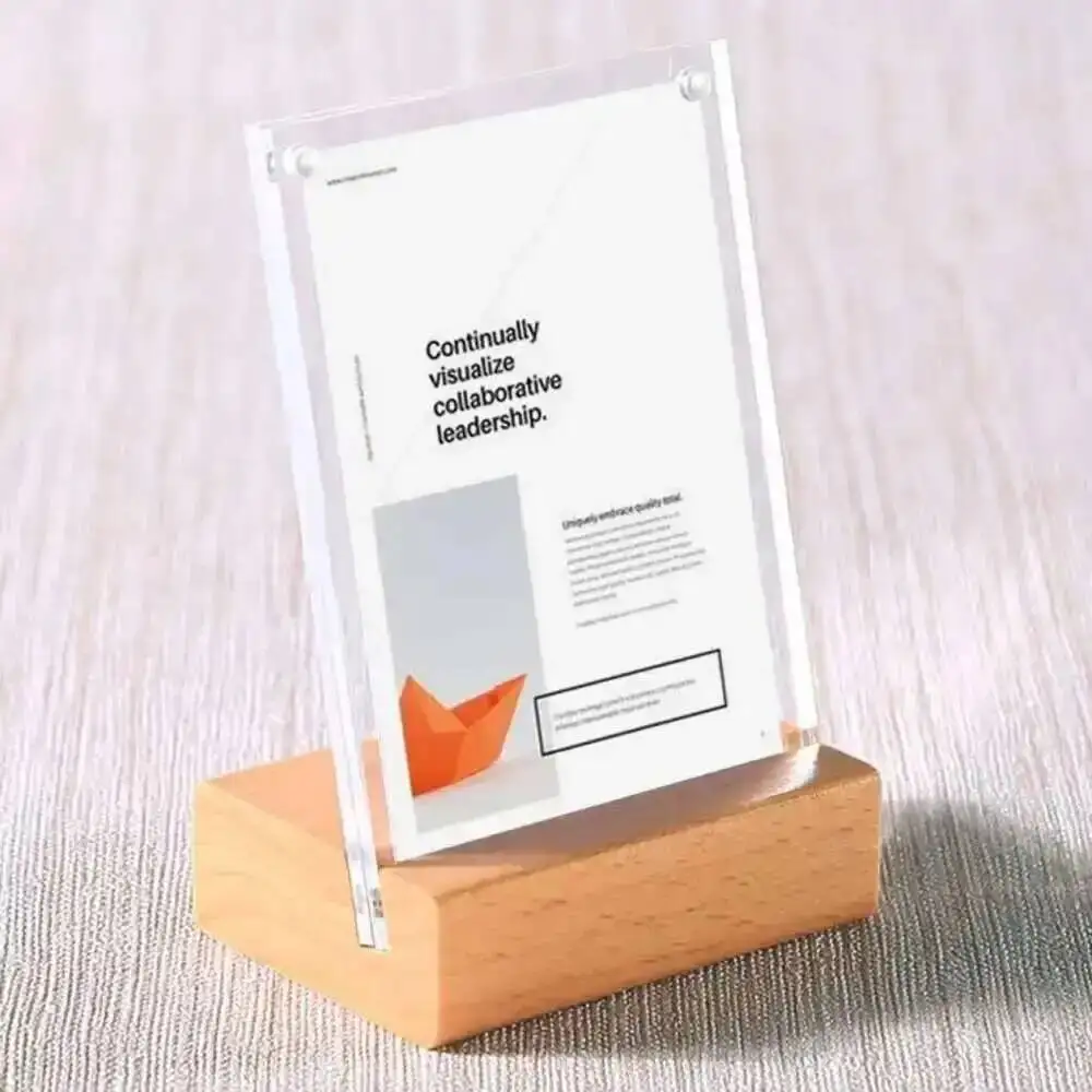 

7x10cm Acrylic Frame Wood Desk Sign Stand Rack Name Card Holder Merchandise Picture Price Tag Display Stand Wooden Photo Frame