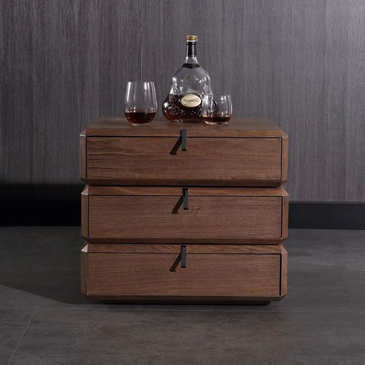 Modern Rotary Bedside Table with 3 Drawers Wood Walnut Brown Apartment Bedroom Furniture