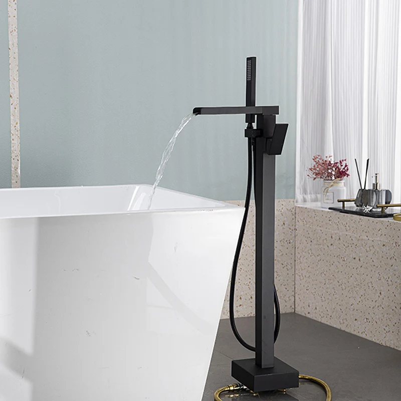 Bathroom Waterfall Bathtub Floor Stand Faucet Single Handle Mixer Tap 360 Rotation Spout With Handshower Bath Mixer Shower Black