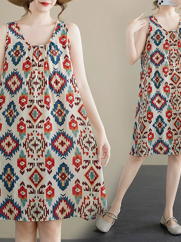 Vestido de verano hoado sin tirantes de talla ande para mujer, vestido sin mangas con cuello redondo y estampado de mezcl...