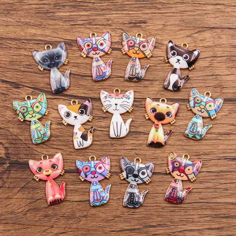 10Pcs 13 Color 17x26MM Alloy Metal Drop Oil Printing Cat Charm Animal Pendant For Enamel DIY Bracelet Necklace Jewelry Making