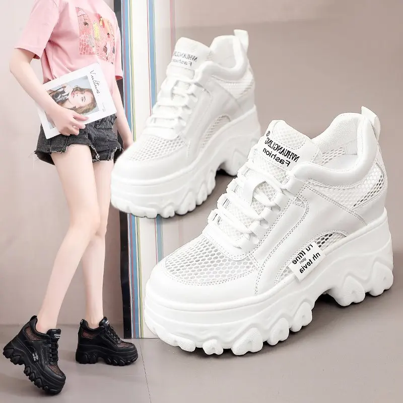 Fujin 10cm Microfiber Leather Mesh Platform Shoes Wedge Sneakers For Women Hidden Heel Increased Shoes Summer Sneakers Female