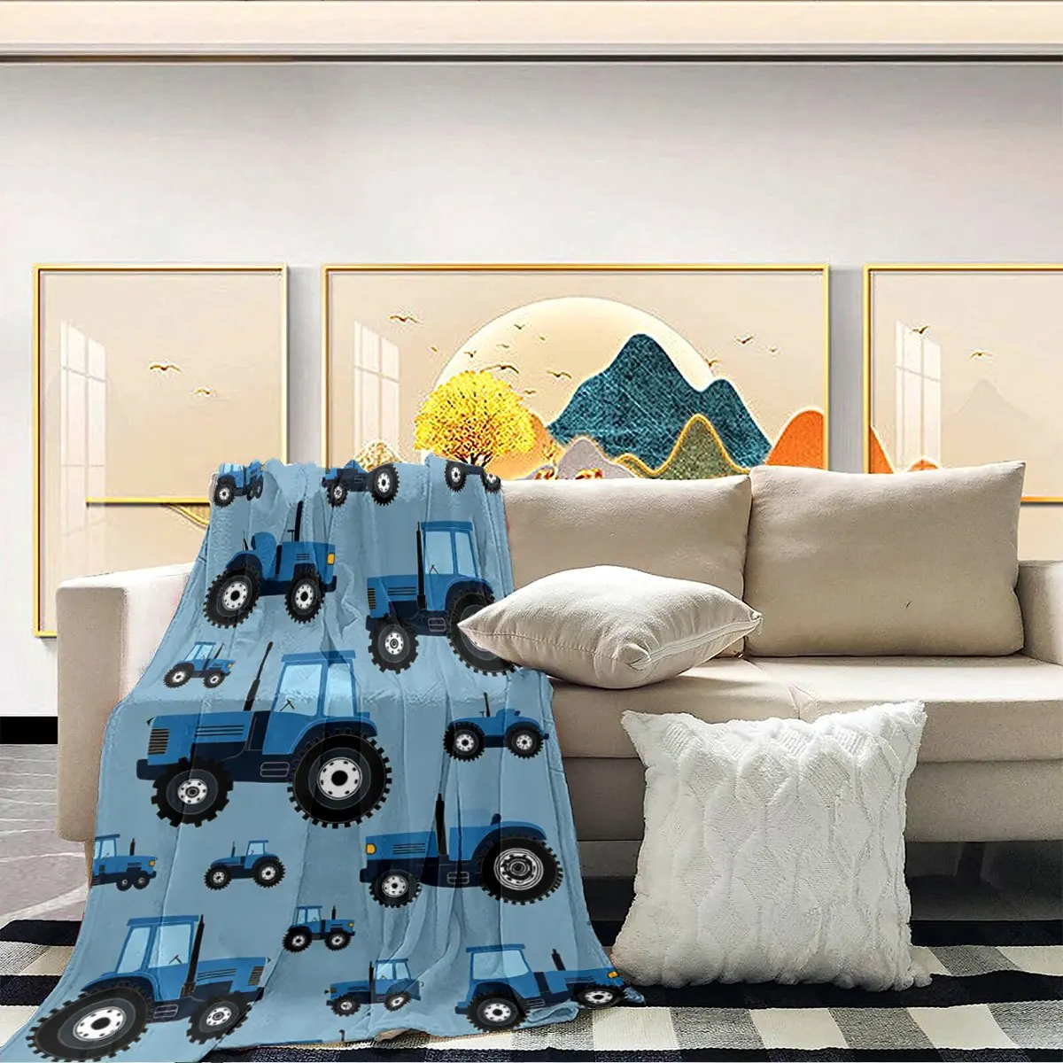 Cute Tractor Pattern Throw Blanket Cozy Farm Life Nursery Decor Gift for Kids Baby Shower