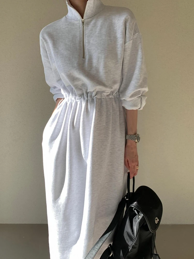 Fashionable Long Sleeve Hoodie Dress Women's High Waist Drawstring Zipper Design Casual A-Line Long Dress Korean Style