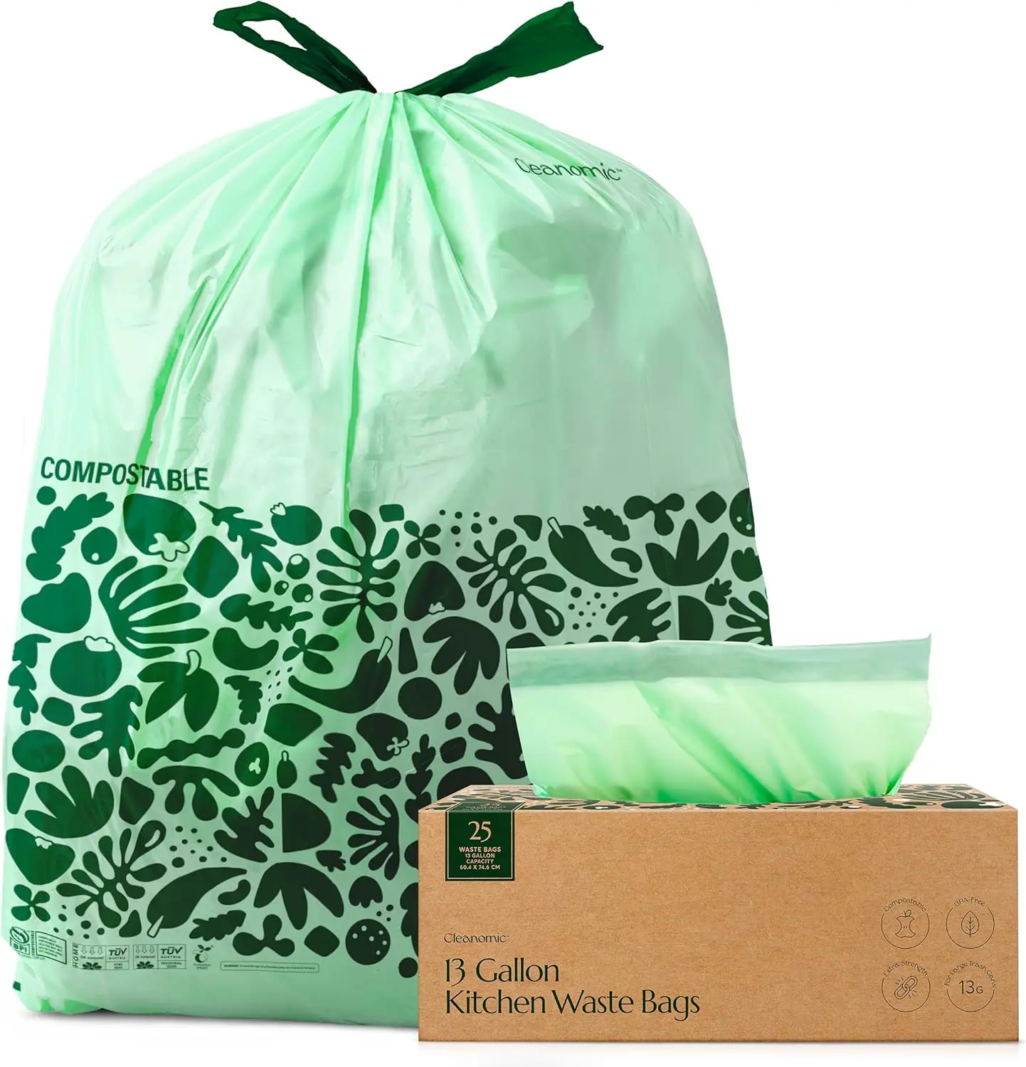 

Compostable Trash Bags with Drawstring, 13 Gallon, 25 Count, BPI Certified, Tall Kitchen