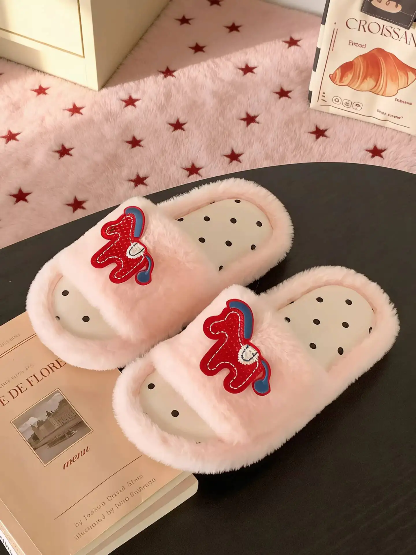 

Women's Home Slipper 2026 Spring Autumn Fuzzy Slippers Embroidered Pony Pattern Anti-slip Cute Indoor Household Fur Slippers