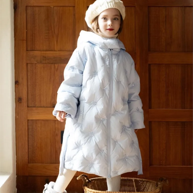 

Fashion Baby Girl Sequins Snow Long Hooded Jacket Cotton Padded Winter Child Coat Warm Outwear Casual Loose Baby Clothes 5-16Y