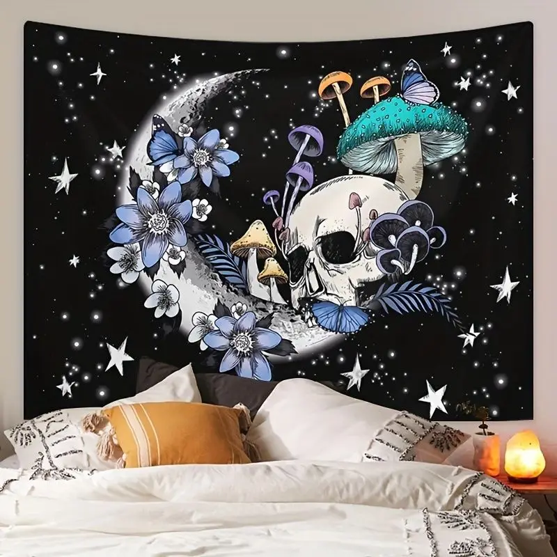 VIKAMA Skeleton Mushroom Witch Y2K Tapestry, Dark Aesthetic Wall Hanging, Gothic Wall Decor for Living Room Bedroom Dorm Decor