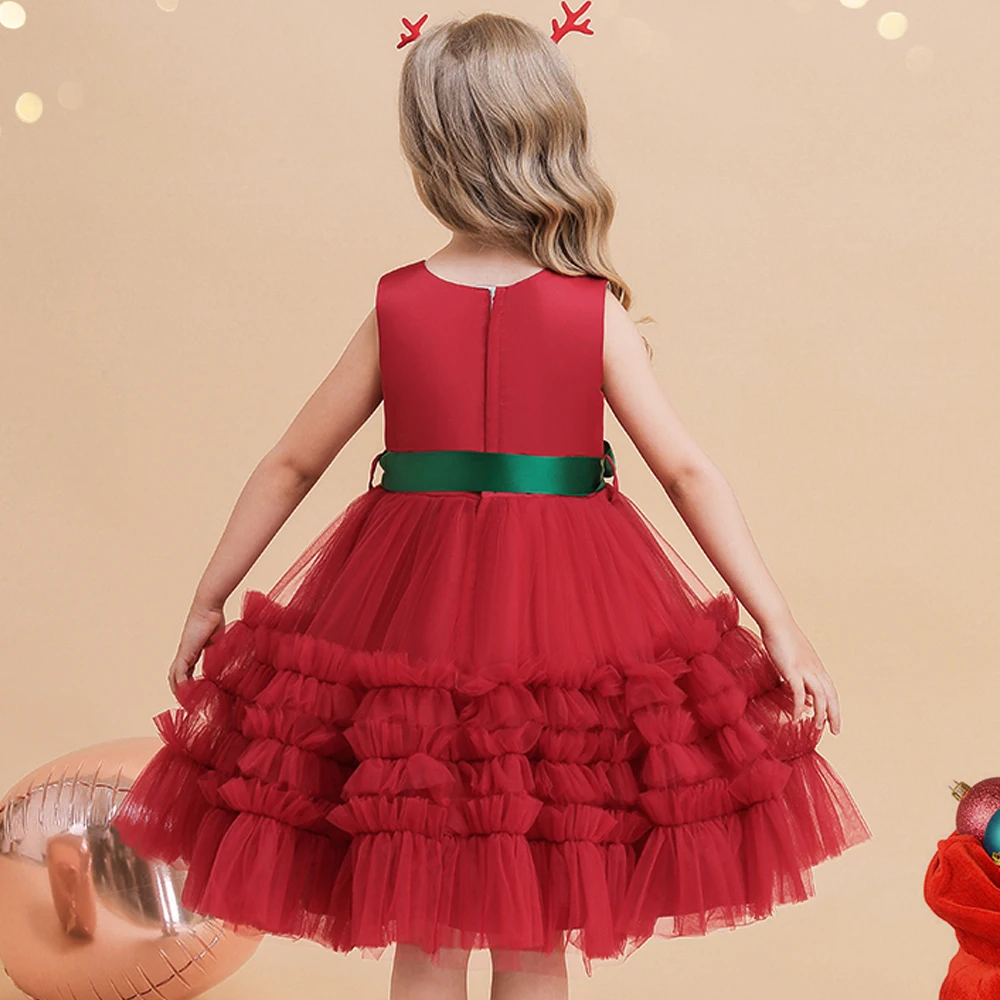 Fluffy Christmas Girl Party Dresses Bow Birthday Bridesmaid Princess Dress for Girls Children Costume Wedding Prom Lace Vestidos