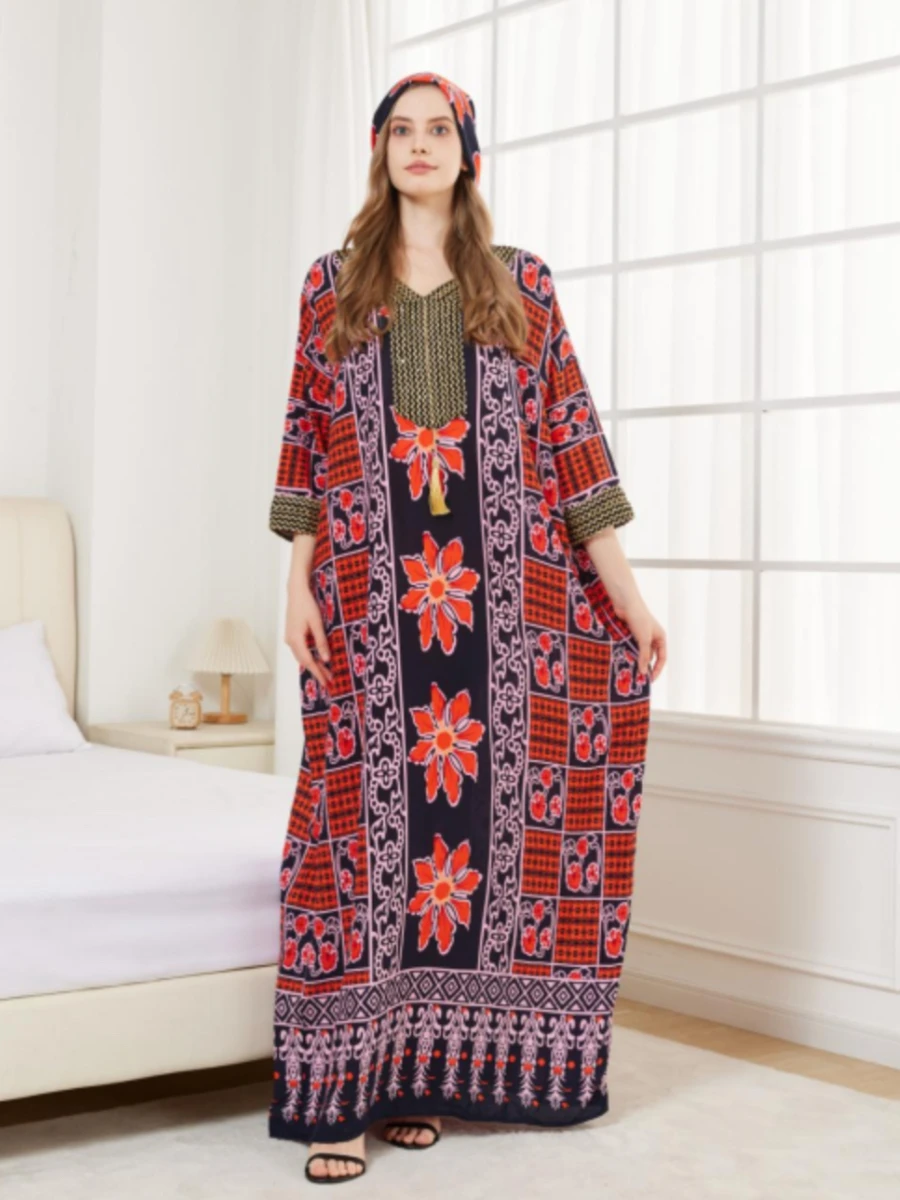 فستان عيد للسيدات الأفريقيات لعام 2025 مع وشاح كبير من القطن المموج مطبوع عليه زهور فضفاضة بوبو ماكسي إسلام عباية نسائية بأكمام قصيرة #2