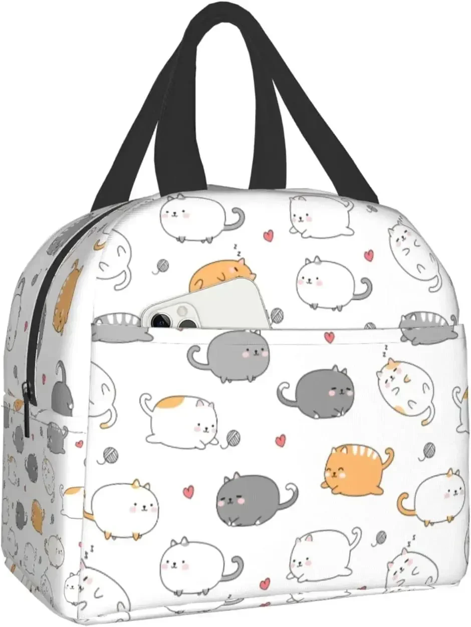 

Cute Fat Cat Kitten Lunch Box Bento Box Insulated Lunch Boxes Reusable Waterproof Lunch Bag with Pocket for Office Picnic Beach