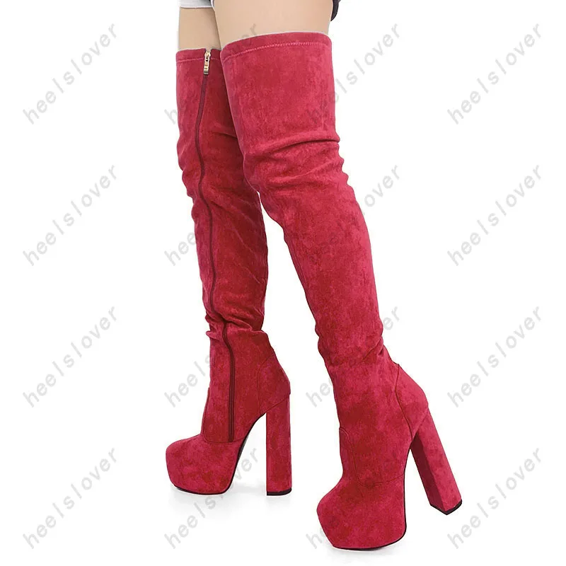 Ahhlsion New Women Winter Thigh Boots Side Zipper Chunky Heels Round Toe Beautiful Blue Red Cosplay Shoes Ladies US Size 5-20