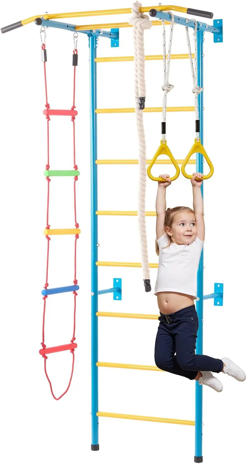 

Indoor Jungle Gym for Toddlers, 5-in-1 Climbing Playset with Carbon Steel Swedish Ladder, Wall Ladder, Pull-Up Bar, Rope Ladder,