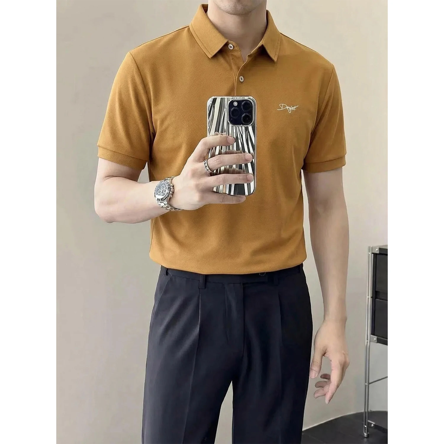 Camisa RiNe para Hombre, Color Caramelo, Cuello Bordado, Transpirable, Ligera, de Algodón de Lujo, Nueva Colección de Verano