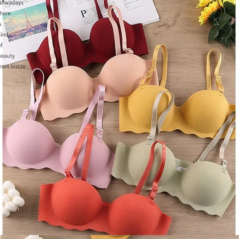 Female Gather Removable Shoulder Strap Solid Color Wireless Lingerie One-pieces Sexy Bras Push Up Seamless Underwear for Women