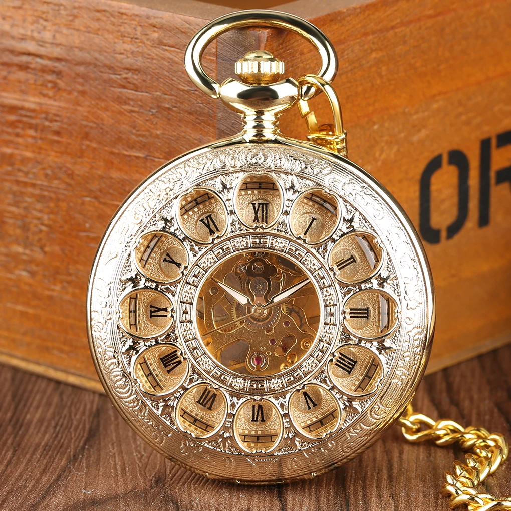 

Golden/Silver Mechanical Pocket Watch Men with Pocket Watch Transparent Hollow Circles Design Roman Numerals Dial Antique Clock