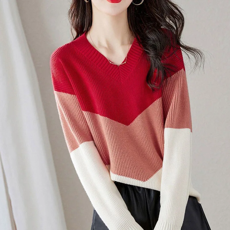 New Autumn and Winter Fashion Trend Color Matching V-neck Loose and Versatile Foreign Style Slimming Women's Knitted Sweater