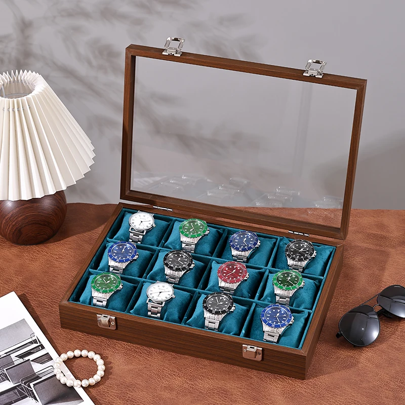Walnut Wood Watch Storage Box with Soft Cushions, Clear Lid 12 Slots Watch Display Case for Jewelry Shop & Home Collection