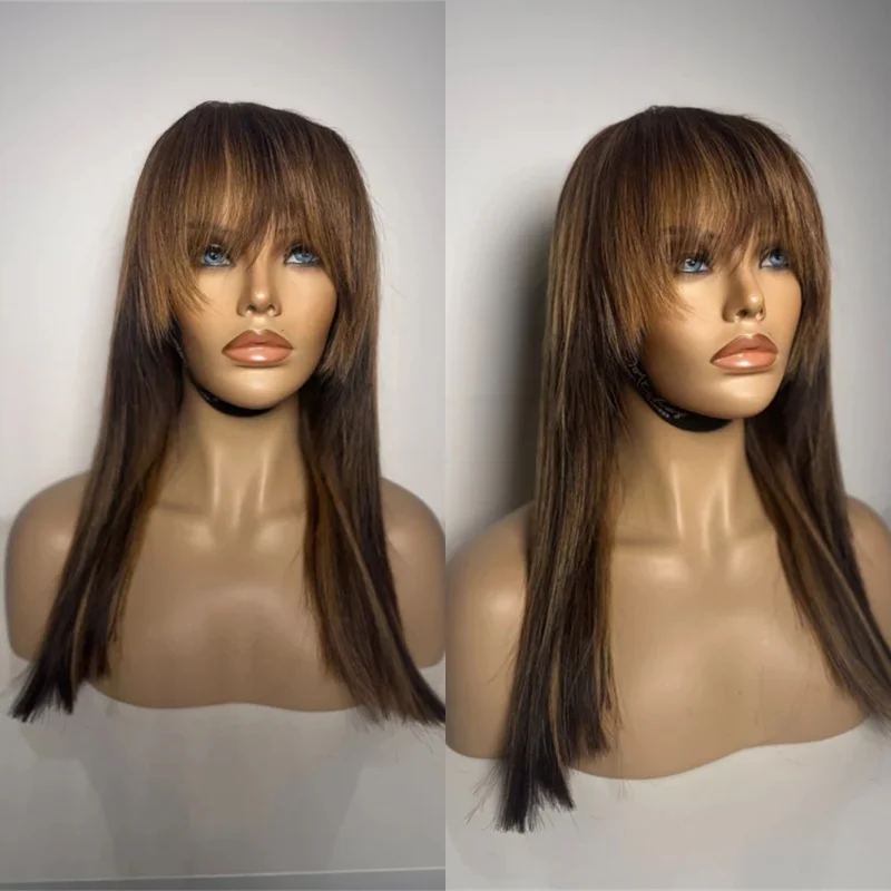 المرأة شعر مستعار أومبير الشوكولاته البني الاصطناعية الدانتيل شعر مستعار أمامي مستقيم بوب شعر مستعار مع الانفجارات قسط ارتفاع درجة الحرارة الألياف شعر مستعار للحفلات