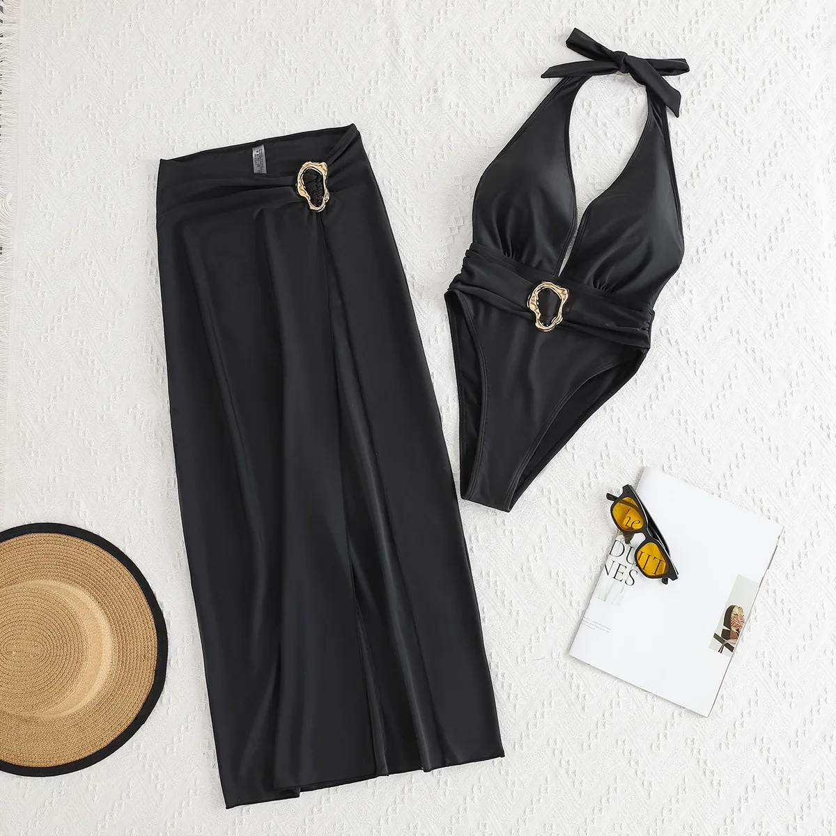 2025 New 2-Piece Set Sexy Backless Deep V Metal One-Piece Top With High Slit Skirt Swimsuit