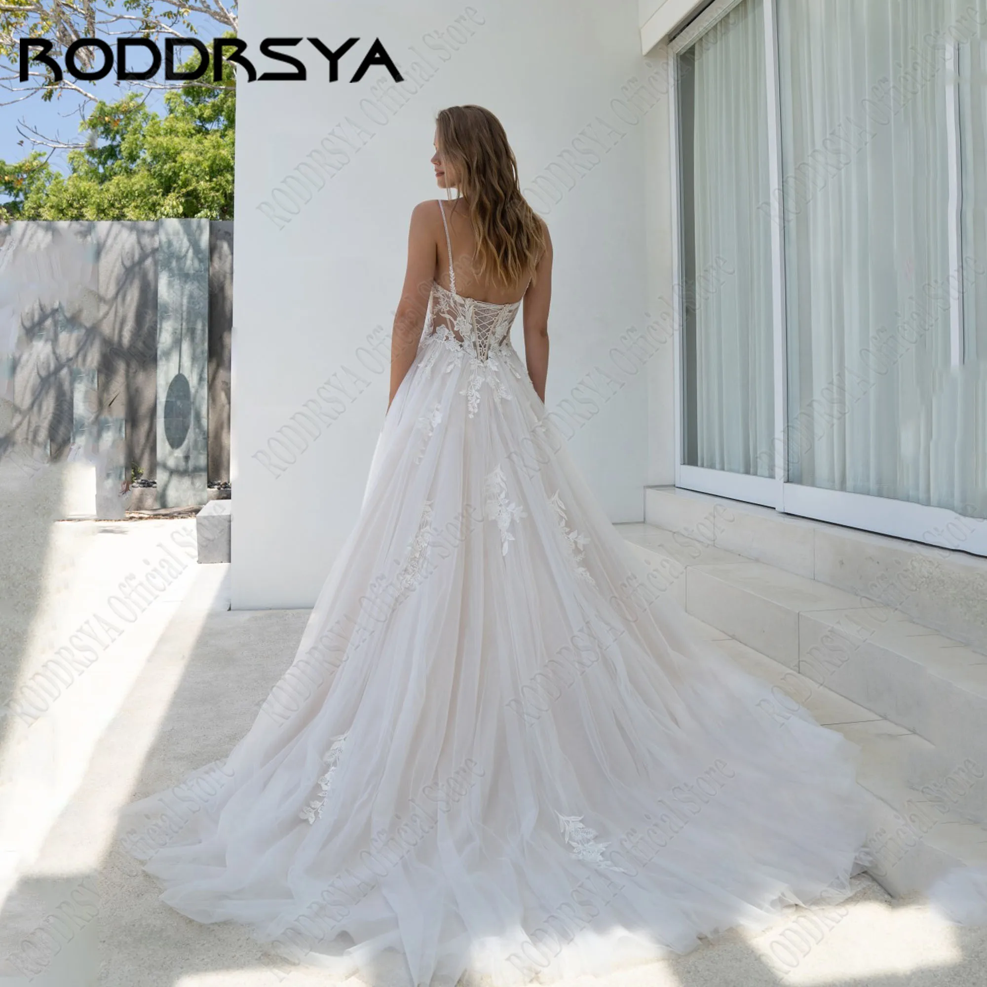 RODDRSYA Lace Applique Wedding Dresses Spaghetti Straps V Neck Brautkleider Hochzeitskleid Tulle A Line Bride Gowns For Woman