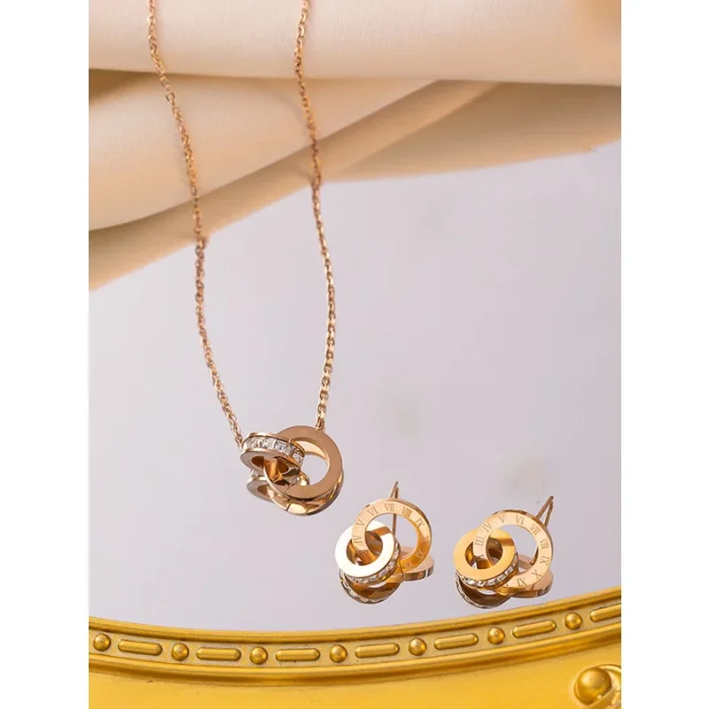 Roman Double Ring Necklace Earring Set with Gift Box for Women, Fashionable and High-end Gift for Couples and Girlfriends