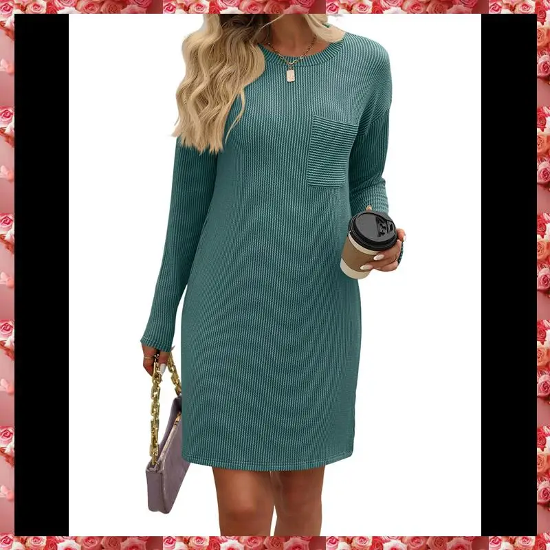 Mini robe t-shirt côtelée à manches longues et col rond pour femme, décontractée, automne