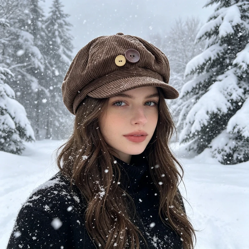 Japanese Octagonal Vintage Beret Flannel Fabric with Buttons Brown Color Men Women Artistic Retro Fashion Daily Wear