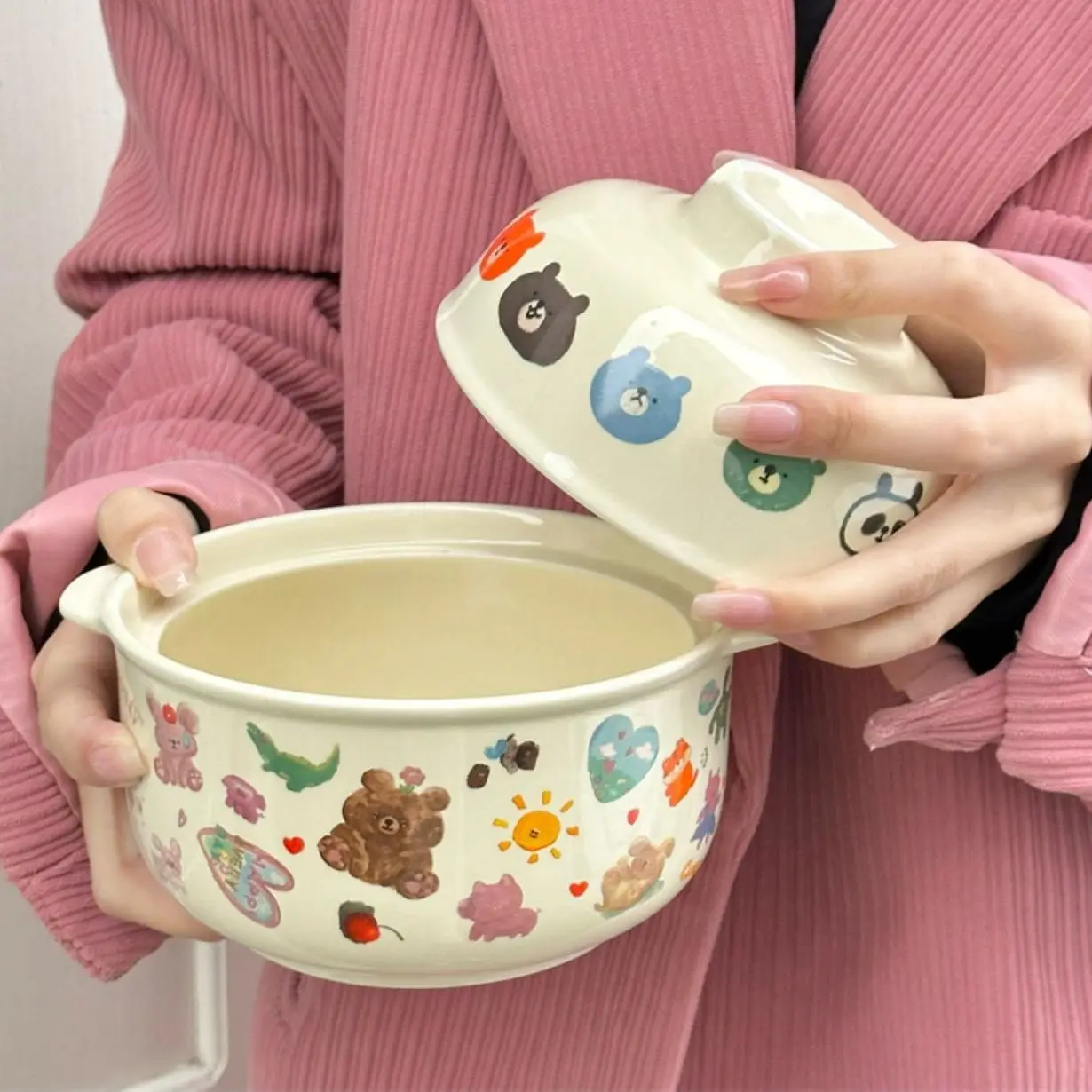 Lovely Bear Ceramic Instant Noodles Bowl  High Beauty Retro Cream Large Capacity Bowl with Lid Student Dormitory 650ml