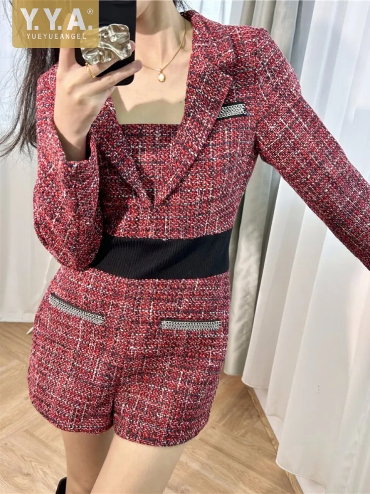 

New Fashion Women Lapel Collar Long Sleeve Tweed Playsuit Slim Fit Office Ladies One Piece High Waist Spliced Shorts Jumpsuit