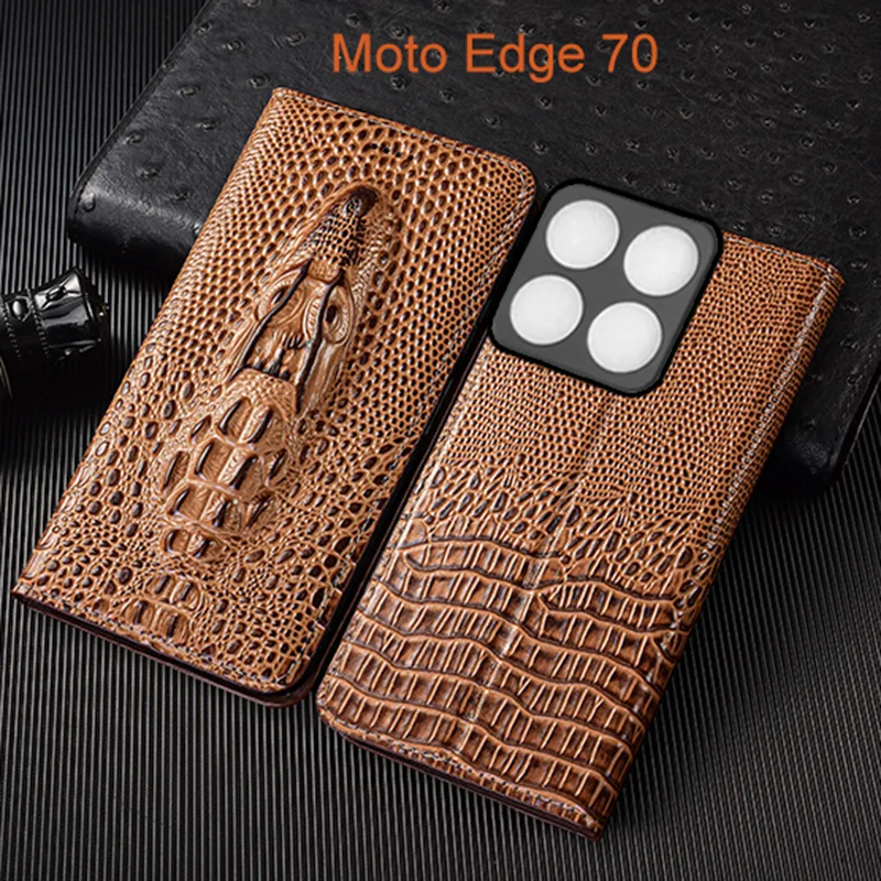 

Genuine Leather Flip Case For Moto Edge 70 Fusion Plus Phone Cover Card Cases Crocodile Head Handmade